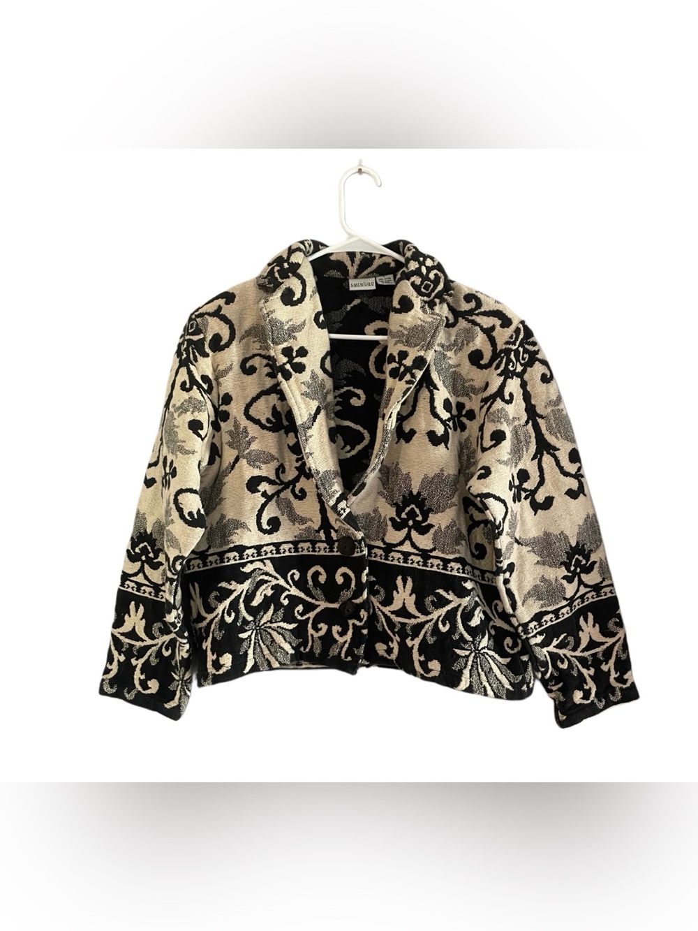90s Carolina Colours Black & Cream Patterned Tapestry Blazer